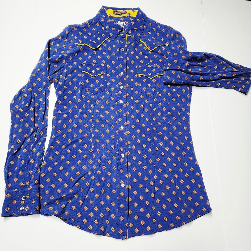Rock 47 By Wrangler Western Shirt Pearl Snap Women's M Aztec Rodeo Country EUC